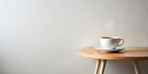 A steaming cup of coffee rests on a minimalist side table against a neutral backdrop