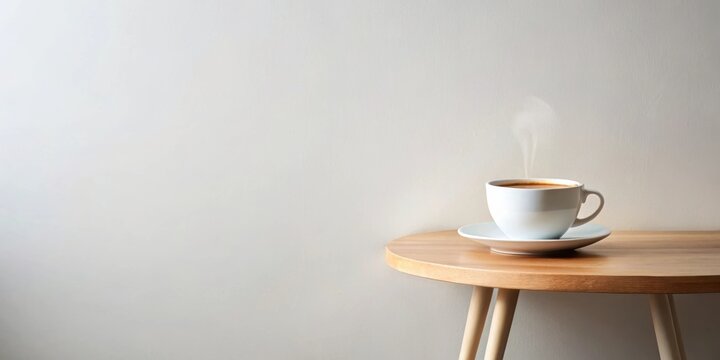 A steaming cup of coffee rests on a minimalist side table against a neutral backdrop