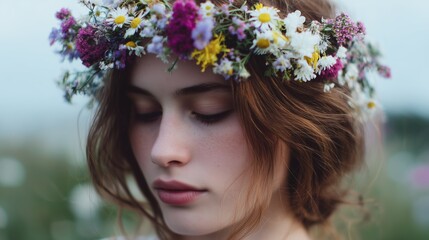 Naklejka premium Woman with floral crown enjoying nature on a sunny day surrounded by wildflowers and greenery