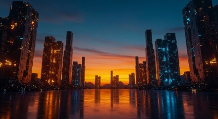 Fototapeta premium Futuristic city skyline at sunset, reflected in calm water; glowing buildings