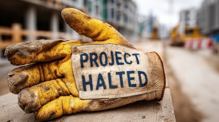 Economic Crisis Concepts. A worn construction glove labeled "PROJECT HALTED" lies on a wooden plank at a paused construction site.