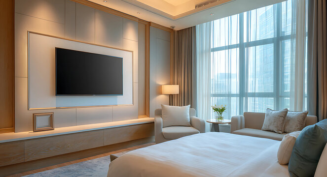Contemporary hotel suite with smart features.