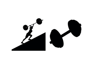 weightlifter pushing heavy barbell uphill, a powerful silhouette, powerful silhouette of a woman and  man, weightlifter straining to lift a barbell up a steep incline. female athlete, weightlifter, ba