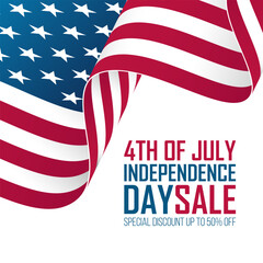 4th of July Independence Day Sale commercial sign with waving american flag for shopping activities and holiday sales promotion. Vector illustration.