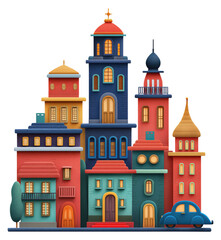Obraz premium Colorful retro cityscape design with quirky buildings and a vintage car parked on the street isolated on transparent background.