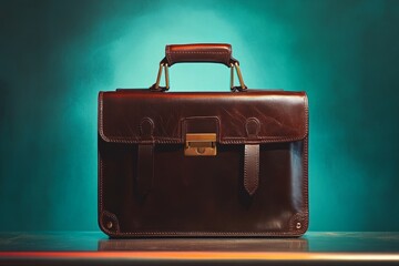 Dark brown leather briefcase on a teal background.