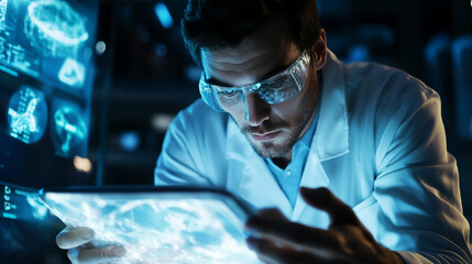 Close-up of a male scientist analyzing data on a digital tablet, holographic scientific interfaces around him