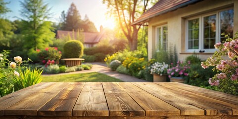 Rustic Wooden Tabletop Overlooking a Sunlit Garden with Blooming Flowers and a House in the Background