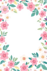 soft floral frame with pink blossoms and green leaves surrounding a clean white center