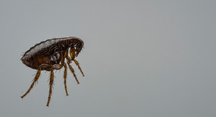 Close-up of a dark brown insect with six legs, viewed from the side against a neutral gray background