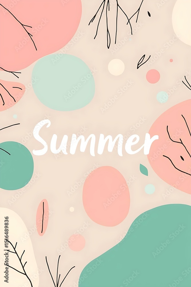 Poster pastel summer background with abstract shapes and the word ‘summer’ in white playful font