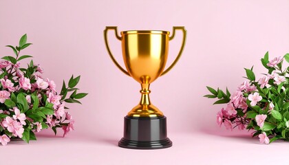 Fototapeta premium Growth mindset, motivation and self-improvement: Achievement trophy with blooming plants.