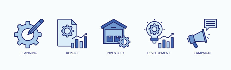 Strategic Milestones Icon Set Isolated Vector With Icon Of Planning, Report, Inventory, Development, Campaign In Blue Style