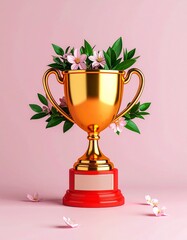 Fototapeta premium Growth mindset, motivation and self-improvement: Achievement trophy with blooming plants.
