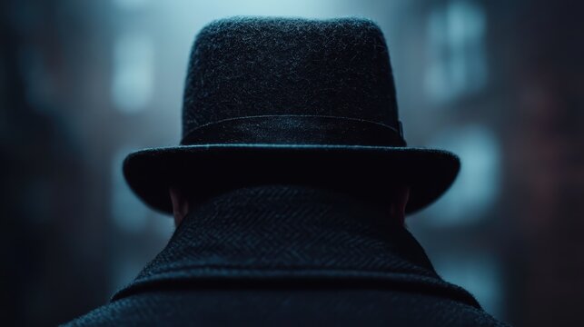 A mysterious figure stands in a foggy urban alley, exuding a sense of intrigue and suspense while embodying themes of anonymity and modern urban life.