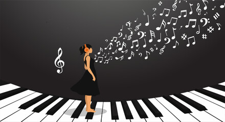 Artistic illustration of a woman wearing headphones standing on oversized piano keys, surrounded by floating musical notes, set against a dark, atmospheric background evoking sound and rhythm © Purnomo