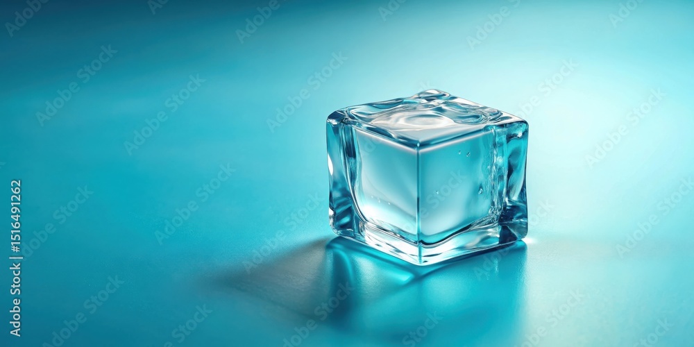 Poster a single, translucent ice cube rests on a vibrant teal surface, its crystalline structure reflecting