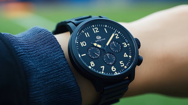 Close-up on a sleek black wrist watch displaying time and style on a wrist