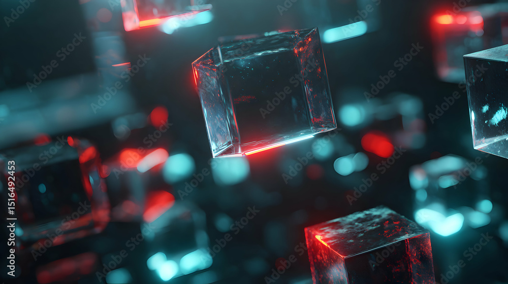 Poster illuminated ice cube abstract rendering with vibrant red and turquoise hues, showcasing modern desig