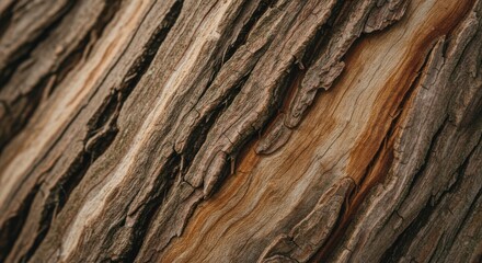 Obraz premium Up-close view of rough, furrowed tree bark with tan and brown color variations
