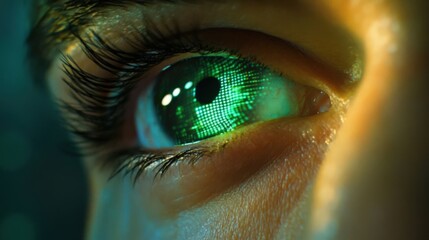 Close-up of human eye with digital holographic overlays, green data visualizations, and blurred face, symbolizing vision, technology, and futuristic innovation.