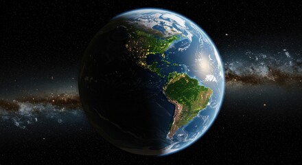 Obraz premium View of planet Earth from space with swirling stars and visible continents