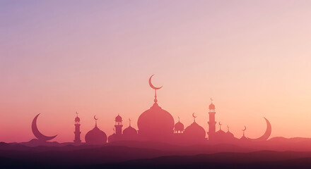 A serene twilight silhouette of a majestic mosque, complemented by the soft glow of a crescent moon, Islamic background