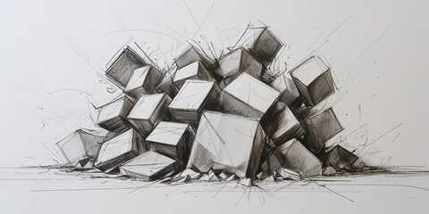 Overwhelmed forms collapsing inward with tangled graphite and grey tones on plain white background
