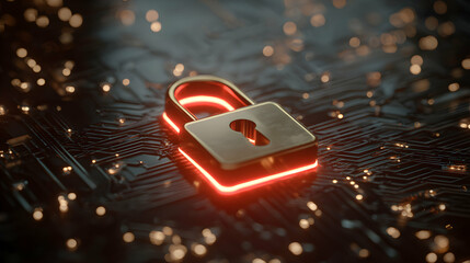 Digital security padlock on a circuit board offering protection for data and internet systems