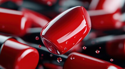 A stunning display of glossy red nail polish bottles suspended in air, enhanced with droplets, showcasing a vibrant and artistic beauty element in composition.