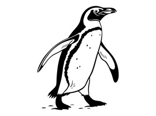 Elegant black and white illustration of a penguin,  Penguin Silhouette on a Glacial Landscape, penguin, silhouette, black and white, bird, wildlife, animal, nature, ice, glacier, outcrop, rocky,  art, © Desingner Kings GH