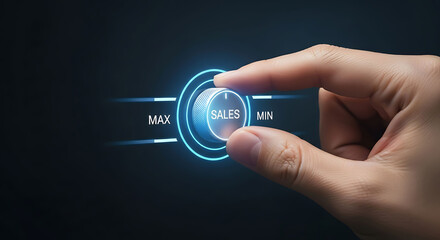 A hand turns the sales volume dial, demonstrating a focused business approach and emphasizing the importance of sales target in an elegant, clean style.