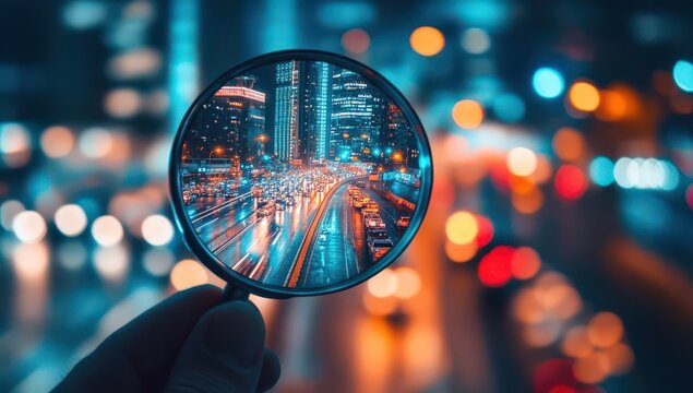 Hand holding magnifying glass over neon-lit cityscape at night, with blurred car lights, skyscrapers, and vibrant bokeh for a futuristic, high-tech urban vibe.