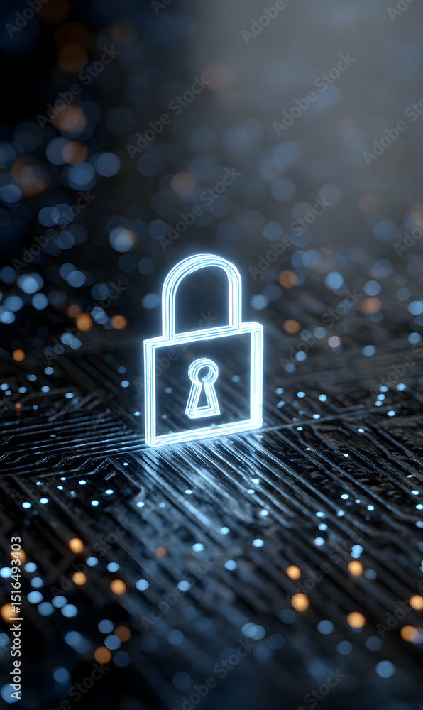 Poster glowing padlock on circuit board representing digital security and data protection in cyberspace sph