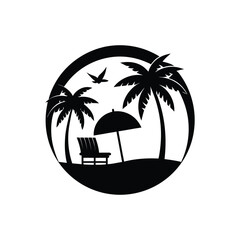 Palm Tree Umbrella and Lounge Silhouette Beach Vector Art  