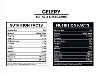 Obraz premium Editable & Customizable Celery Nutrition Facts Label, Nutrition Facts, Nutrition Facts Label Supplement Facts, Nutrition Label vector