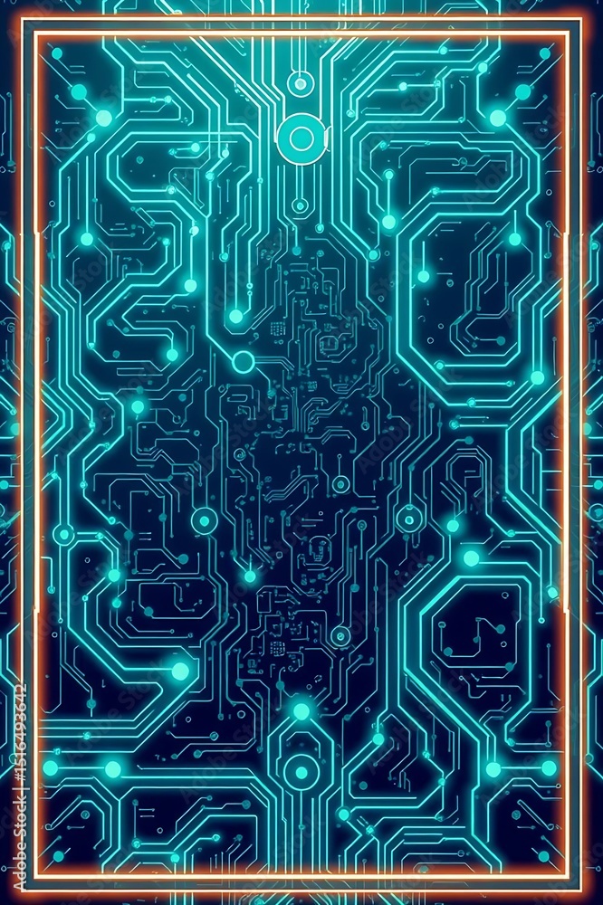 Poster futuristic blue circuit board design with glowing neon details and abstract digital pattern for tech