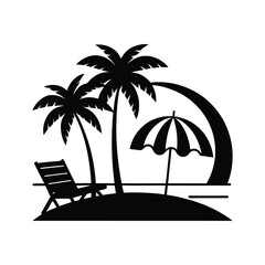 
Black silhouette of seashore with palm trees and umbrella. Vacation on ocean, summer seaside resort. Vector illustration of isolated on white background Pro Vector