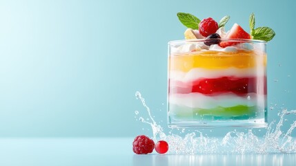 A visually striking layered dessert featuring vibrant colors and fresh fruit, artistically arranged to create an enticing and refreshing treat.