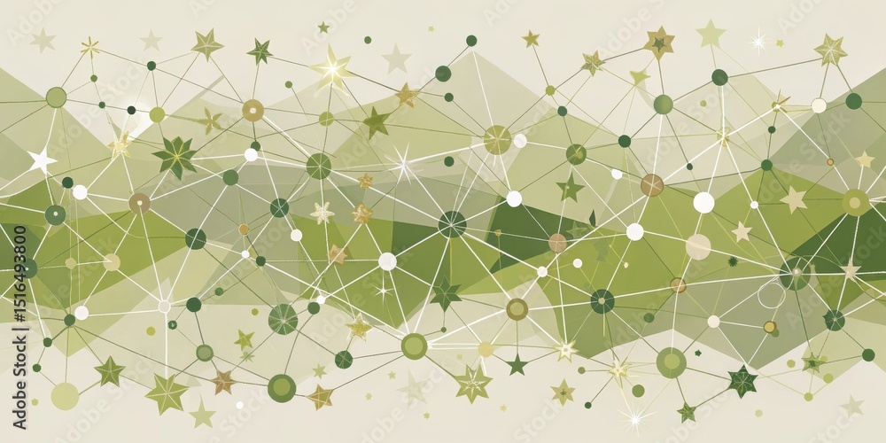 Aufkleber abstract green and gold starry network design with geometric shapes and interconnected nodes