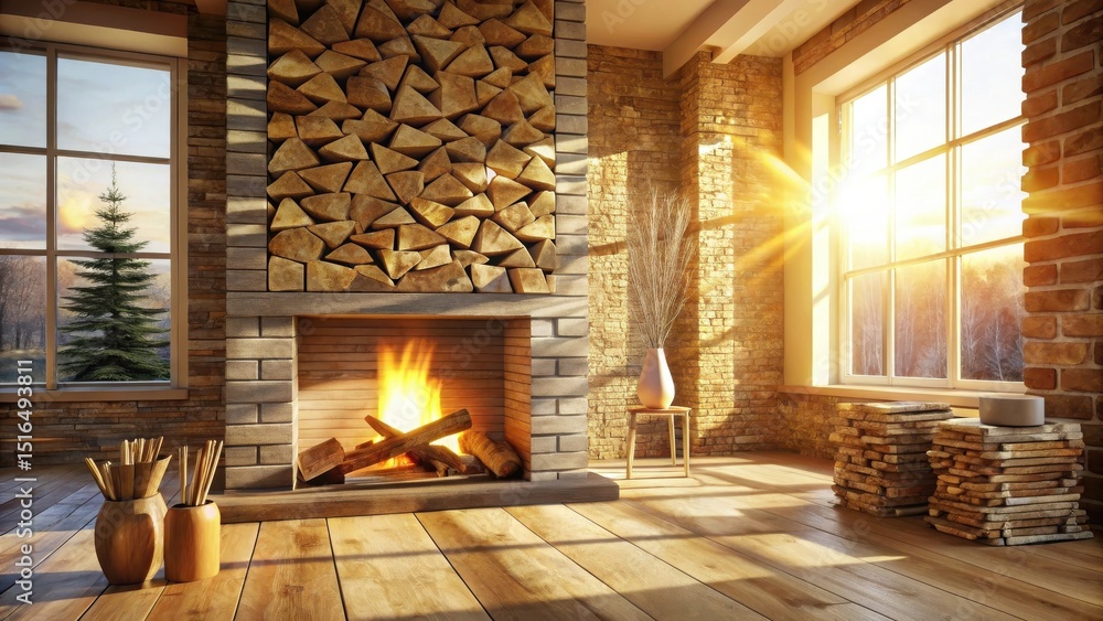 Poster warmth and light of a cozy fireplace in a rustic room with large windows