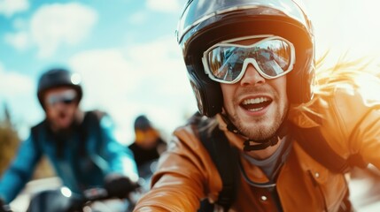A joyful biker rides with excitement under a clear sky, symbolizing freedom and adventure, capturing the essence of outdoor pursuits and thrilling experiences on the road.