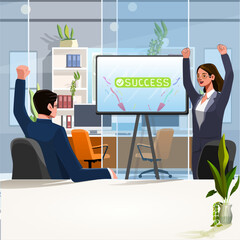 Modern vector illustration of a professional businesswoman working in an office environment. She is performing various tasks such as making phone calls, writing notes, presentation, communication, con