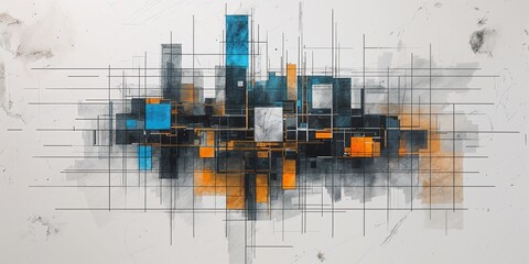 Techno abstract grid with metallic overlays and digital distortion on plain white background