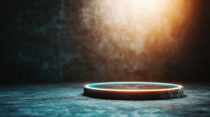 A mysterious circular platform radiates glowing light in a dimly lit environment, evoking curiosity and intrigue, perfect for sci-fi themes and imaginative concepts.