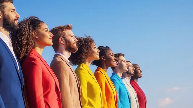 Diverse business team in profile, looking to horizon against blue sky. Concept for teamwork, innovation, and diversity with rainbow color palette and copy space.