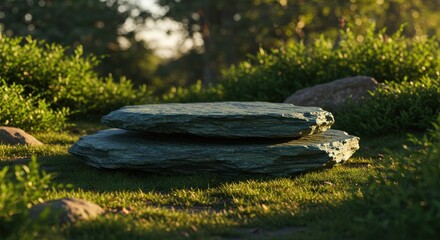 Stone pedestal in green lawn with shrubs, rocks, and a blurred forest backdrop