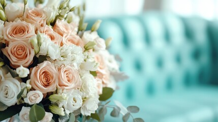 A close-up of a stunning bouquet of peach and white roses arranged beautifully, symbolizing elegance and love, set against a soft background of turquoise upholstery.