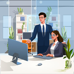 Modern vector illustration of a professional businesswoman working in an office environment. She is performing various tasks such as making phone calls, writing notes, presentation, communication, con