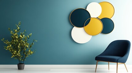 A chic modern living space featuring stylish abstract wall art and a potted plant, creating a refreshing and aesthetically pleasing atmosphere for relaxation.